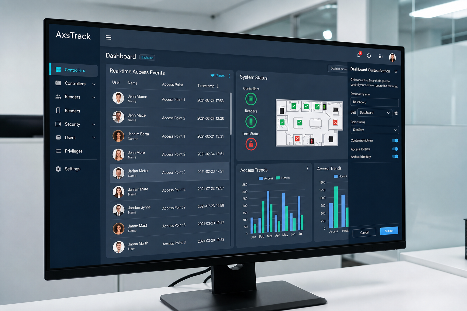 AxsTrack access control management dashboard showing real-time access events and system status