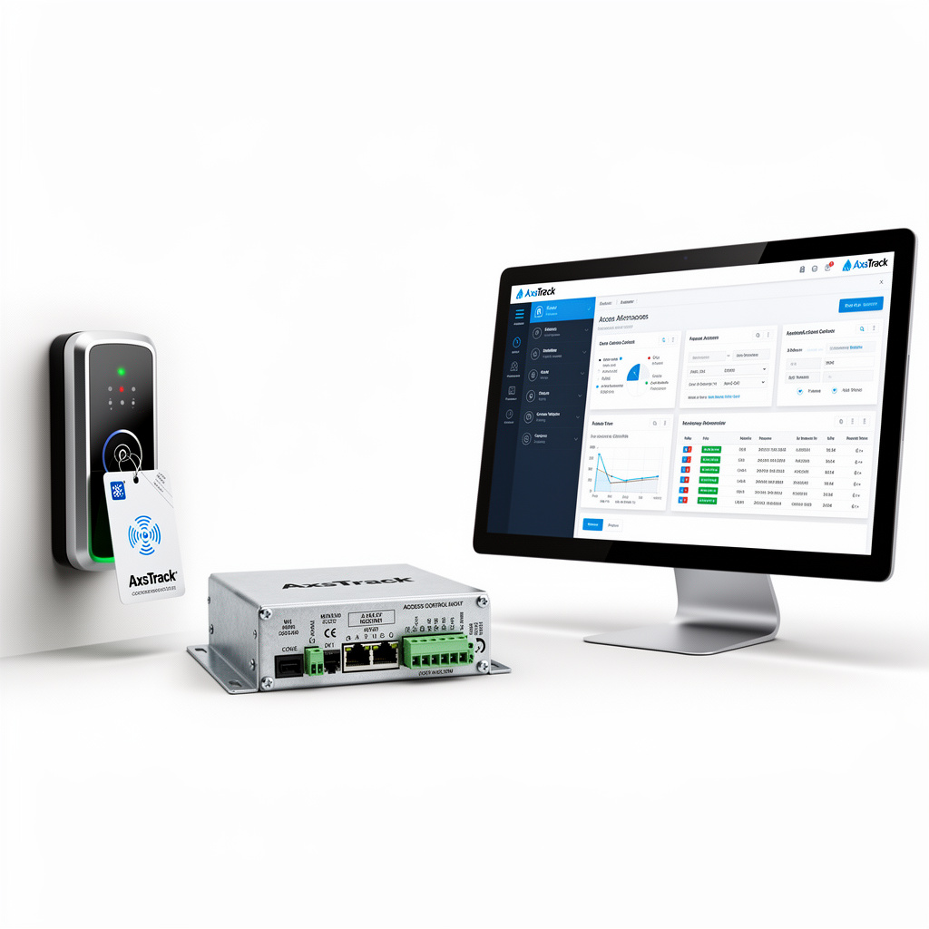 AxsTrack access control system components including card reader, controller, and management software