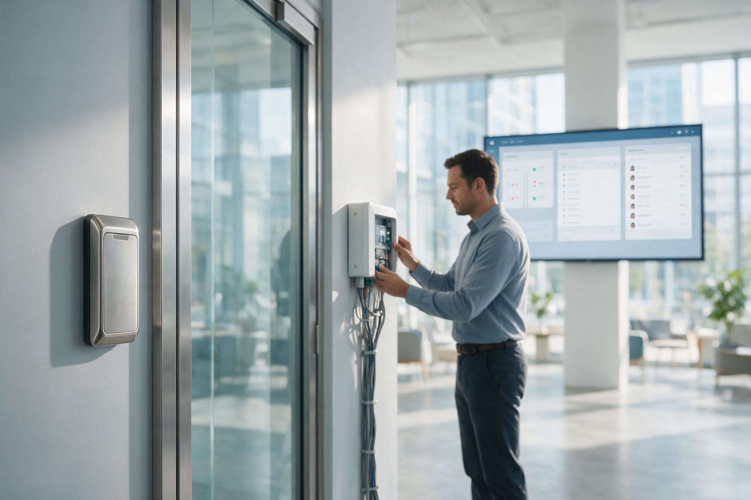 Security systems technician configuring access control infrastructure alongside a monitoring dashboard