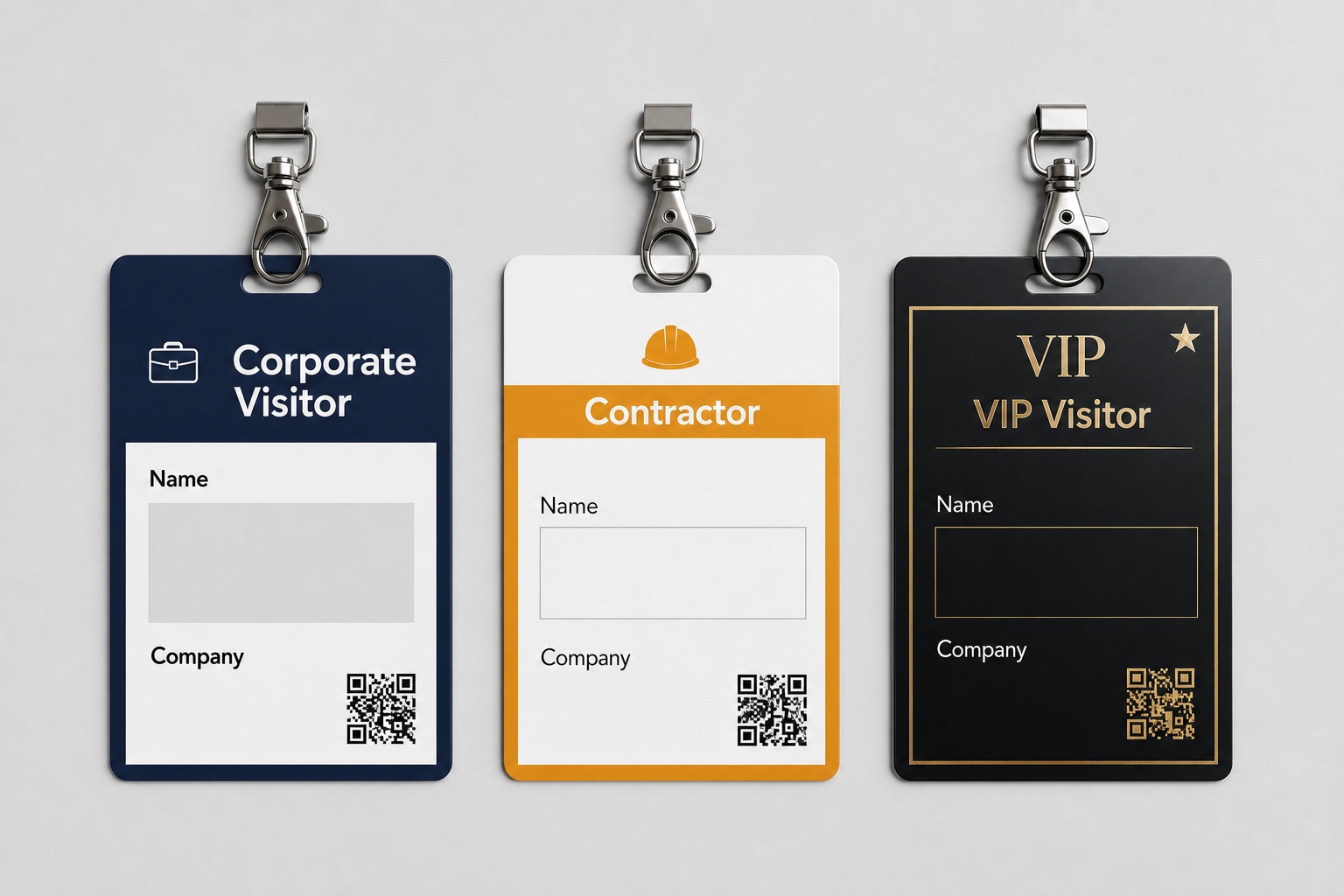 Custom visitor badge designs showing different layouts for corporate, contractor, and VIP visitors