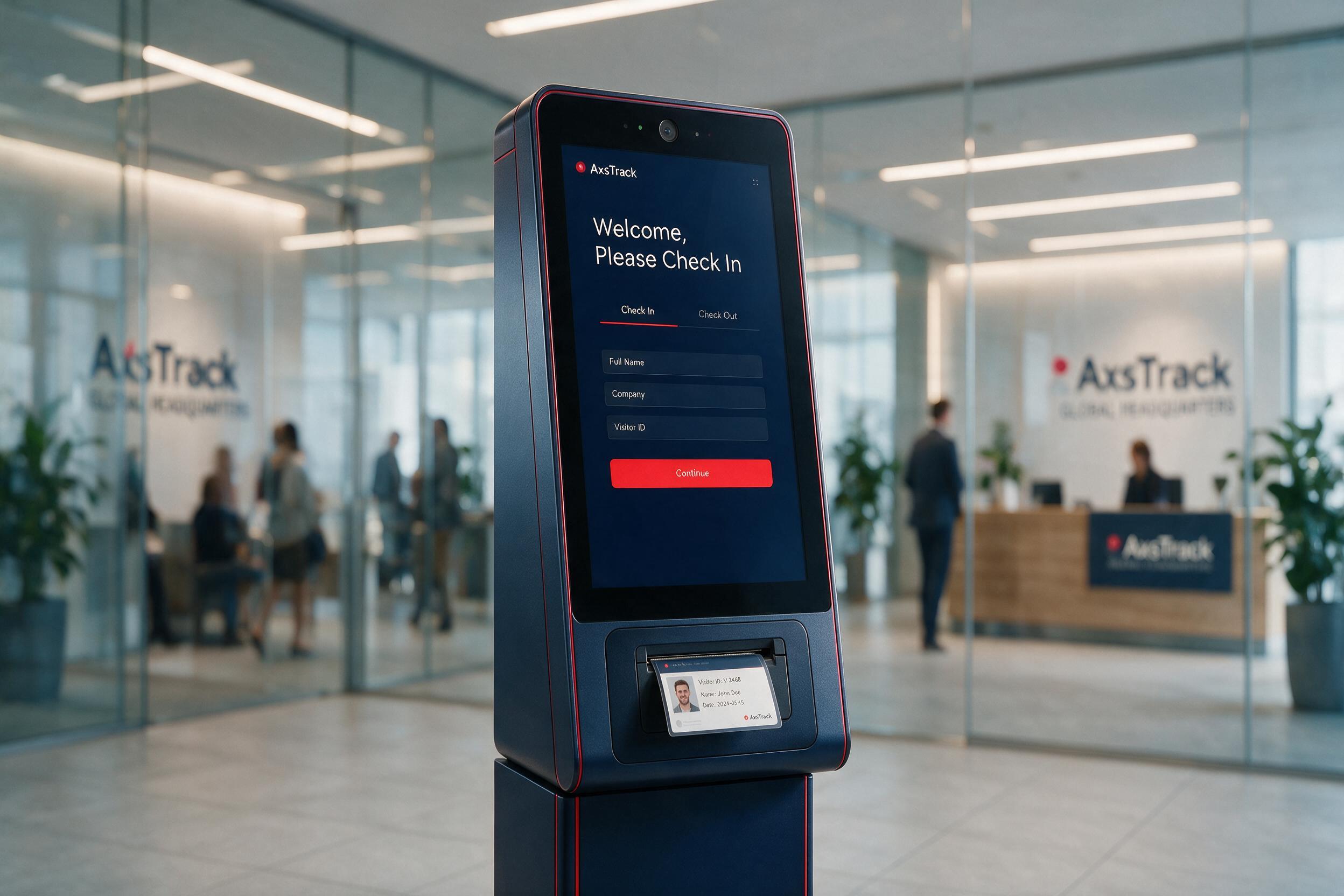 AxsTrack visitor management self-service kiosk with touchscreen display and badge printer